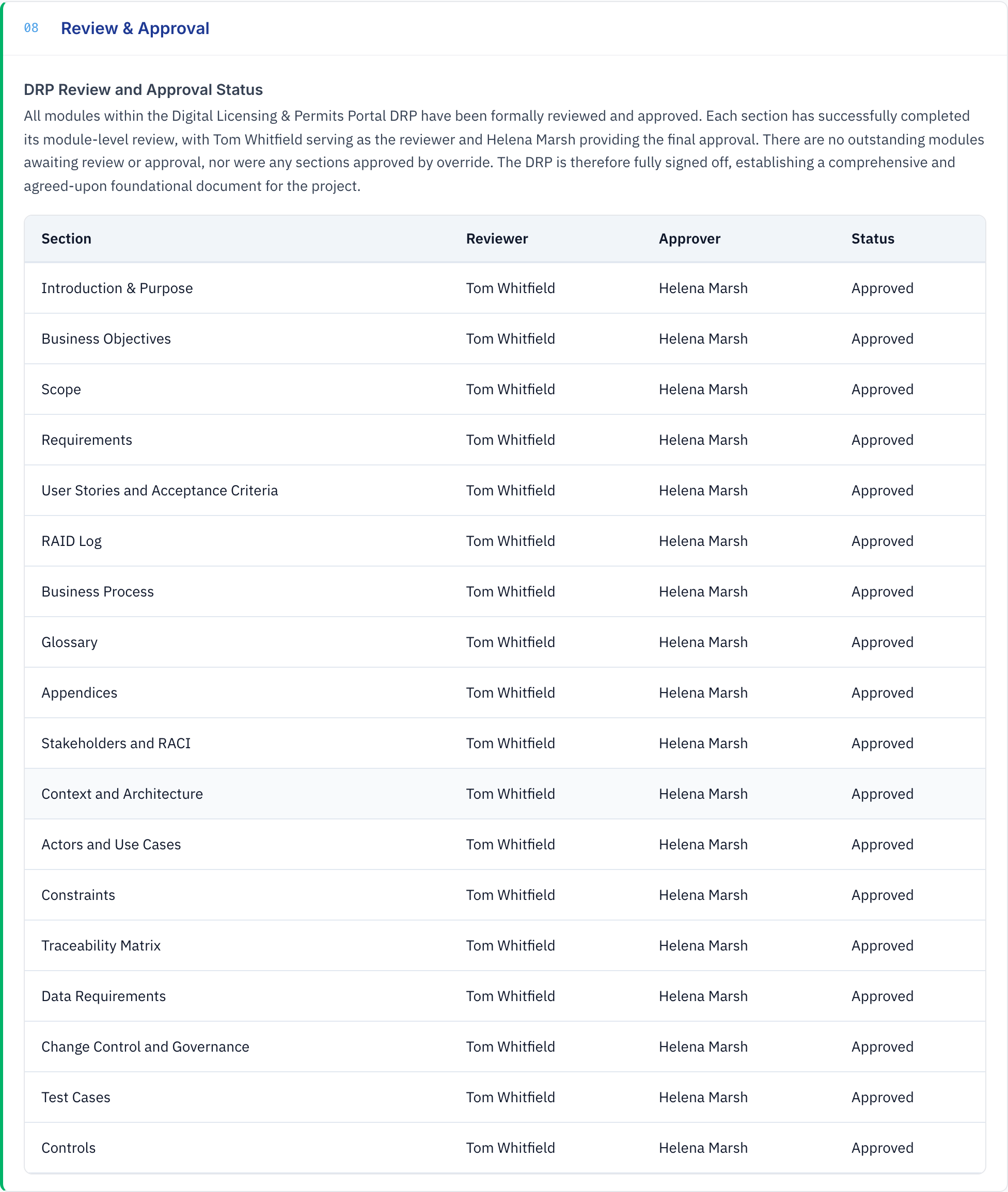 The review and approval table from the Meridale Council DRP, showing each section with its reviewer, approver and status